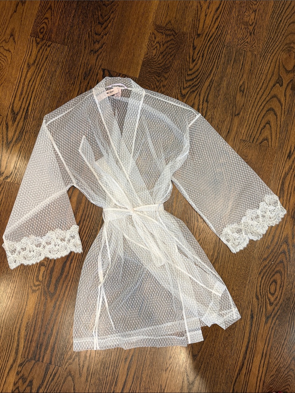 Victoria's Secret Sheer Dotted Mesh Robe with Lace Trim - White
